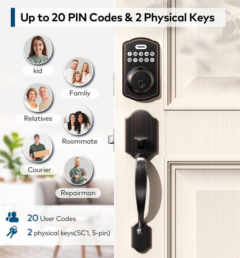 TEEHO Keyless Entry Door Lock Deadbolt with Handle Set  Electronic Digital Smart Locks Set for Front Door with 2 Keys  Easy to Install Keypad Deadbolt  Auto Lock - Oil-Rubbed Bronze - Image 2
